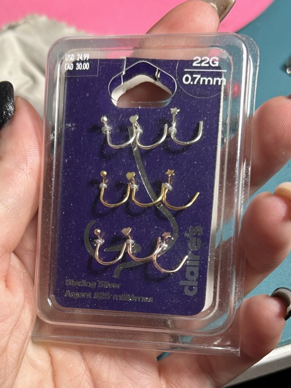 Claire's 925 Sterling Silver 22G Nose Hoop Ring Multi Pack Set Heart Star NWT